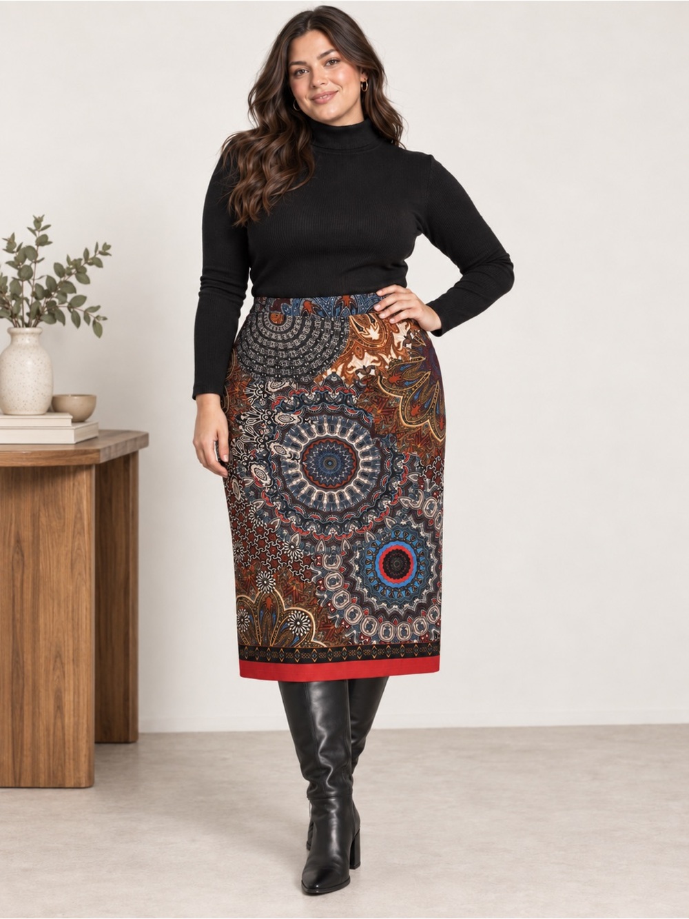 Boho Mandala Paisley Column Midi Skirt Border Print XL